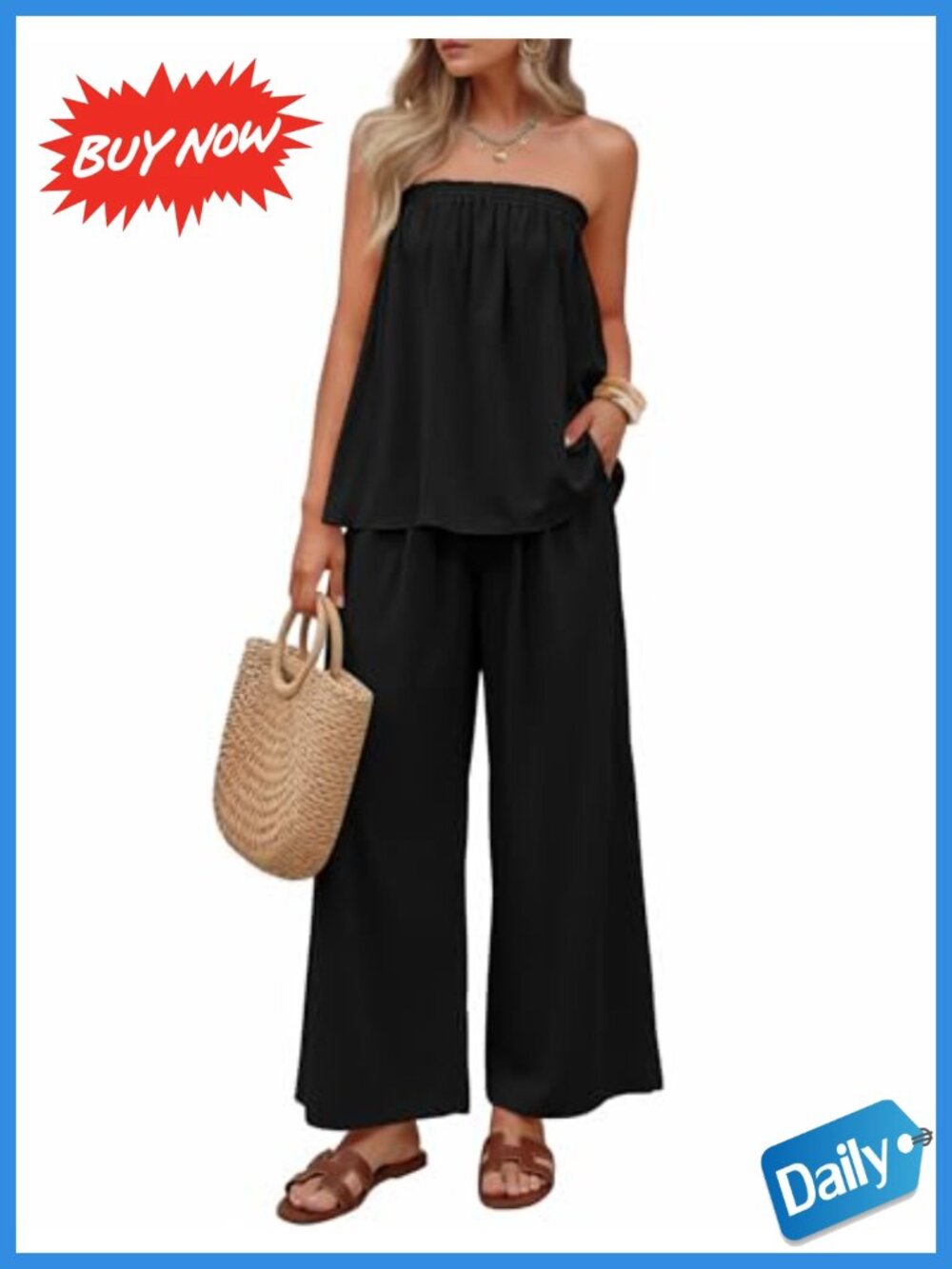 Women's 2 Piece Outfit Strapless Tube Top Wide Leg Pants Set Viscose